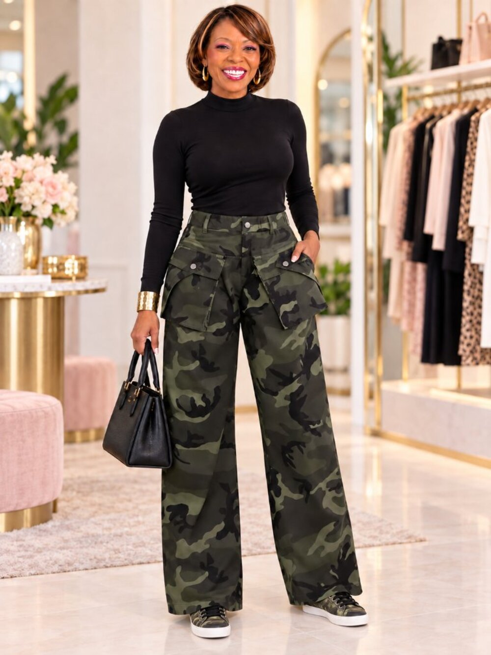 Trendy Camouflage Wide Leg Cargo Trousers Oversized Pockets Size Large
